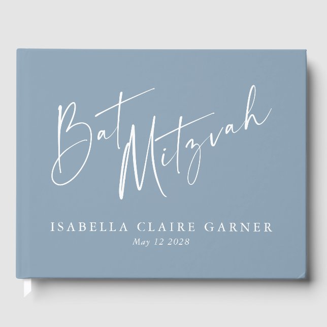 Minimalist Classic Dusty Blue Custom Bat Mitzvah Guest Book (Front)