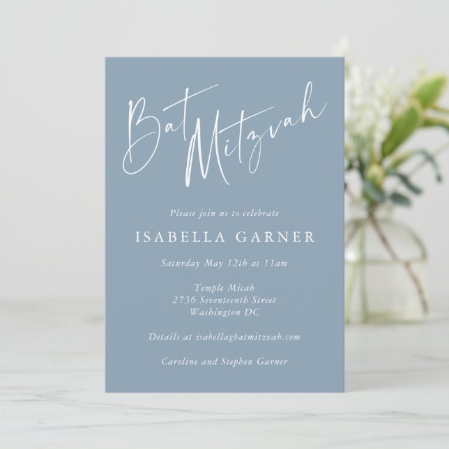 Minimalist Classic Dusty Blue Modern Bat Mitzvah Invitation (Standing Front)
