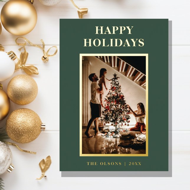 Minimalist Classic Holidays Green Letter and Photo Foil Holiday Card (Creator Uploaded)