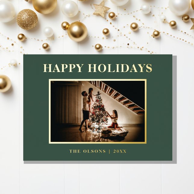 Minimalist Classic Holidays Green Photo and Letter Foil Holiday Card (Creator Uploaded)