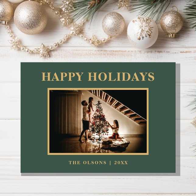 Minimalist Classic Holidays Green Photo and Letter Holiday Card (Creator Uploaded)