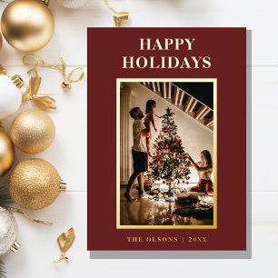 Minimalist Classic Holidays Red Letter and Photo Foil Holiday Card