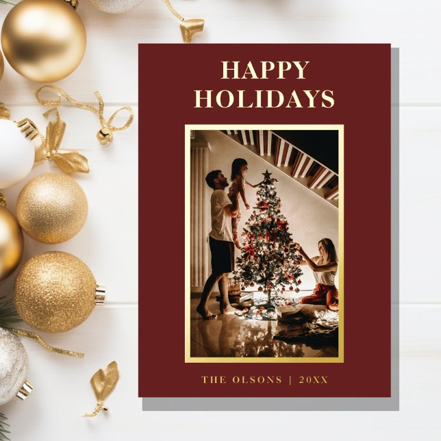 Minimalist Classic Holidays Red Letter and Photo Foil Holiday Card (Creator Uploaded)