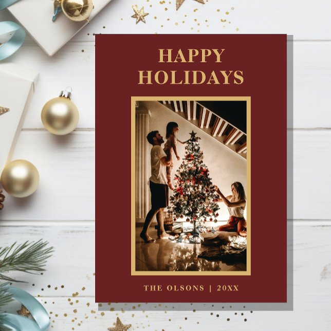 Minimalist Classic Holidays Red Letter and Photo Holiday Card (Creator Uploaded)