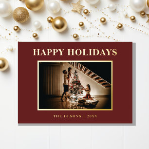 Minimalist Classic Holidays Red Photo and Letter Foil Holiday Card