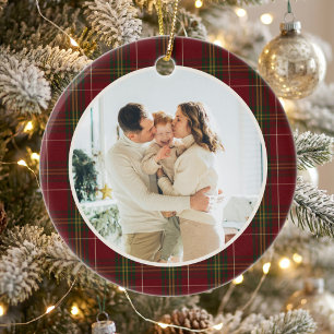 Minimalist Classic Red Plaid 2 Photo Christmas Ceramic Tree Decoration