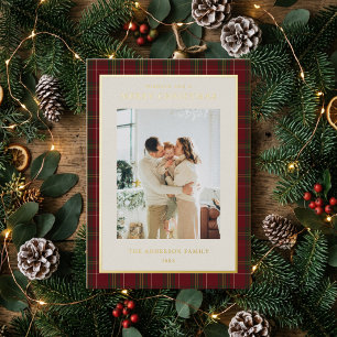 Minimalist Classic Red Plaid Christmas Photo Foil Holiday Card