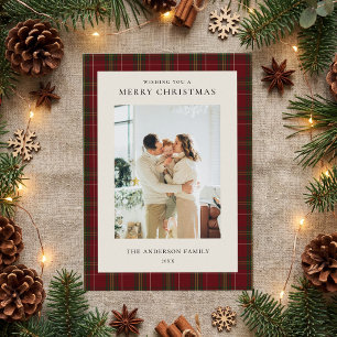 Minimalist Classic Red Plaid Christmas Photo Holiday Card