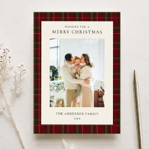Minimalist Classic Red Plaid Christmas Photo Holiday Card