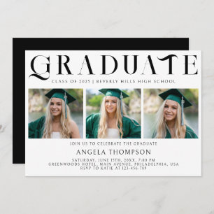 Minimalist Classic Typography 3 Photo Graduation Invitation