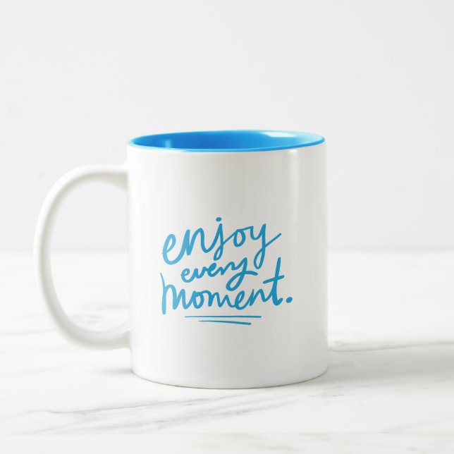 Minimalist Clean White Blue Enjoy Every Moment Two-Tone Coffee Mug (Left)