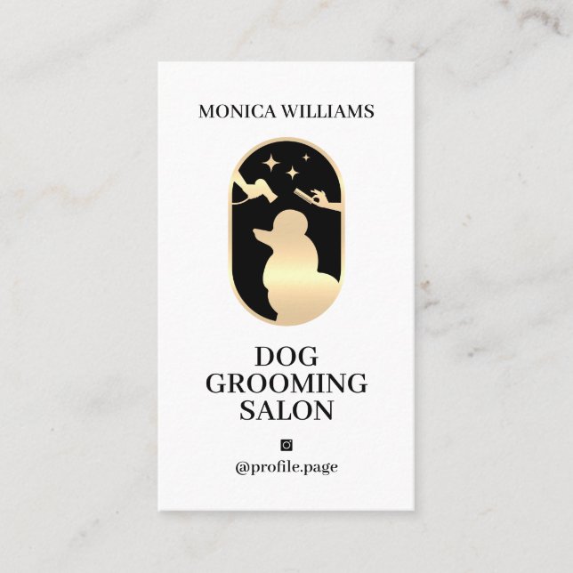 Minimalist clear elegant gold dog grooming logo business card (Front)