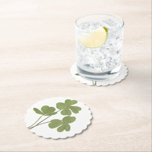 Minimalist Clover Leaf Drawing Green  Paper Coaster