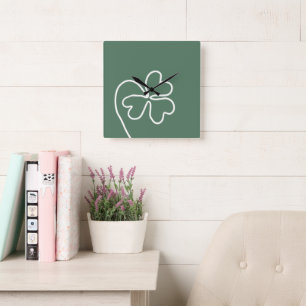Minimalist Clover Leaf Line Drawing Green Square Wall Clock