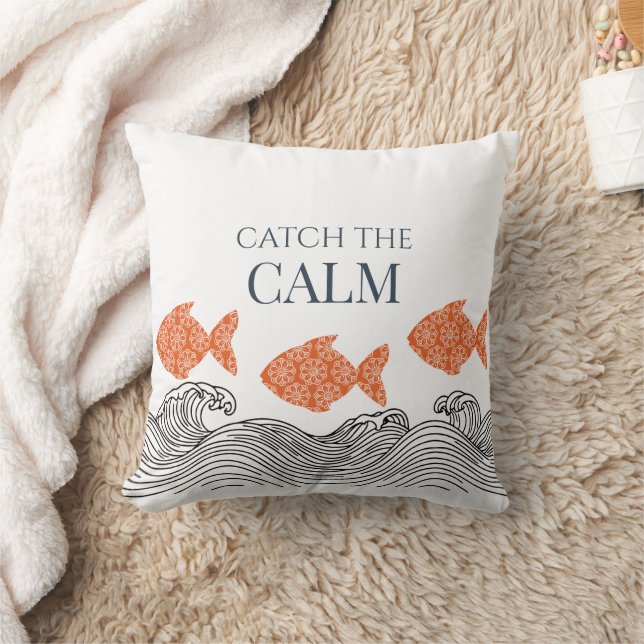 Minimalist Coastal Fish & Waves Decor Cushion (Blanket)