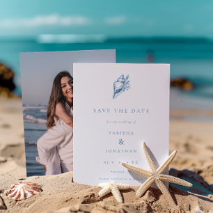 Minimalist Coastal  Floral Seashell Photo Wedding Save The Date
