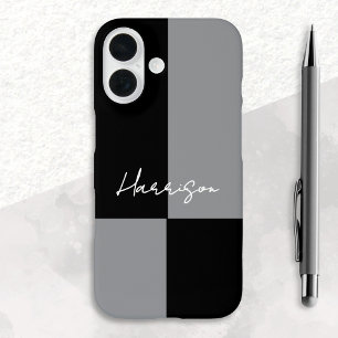 Minimalist Color Block Gray Black Custom Name iPhone 16 Case