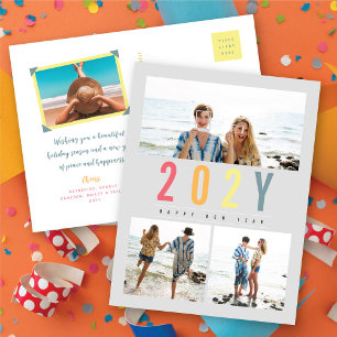 Minimalist Colourful Year Simple 3 Photo Modern Holiday Postcard