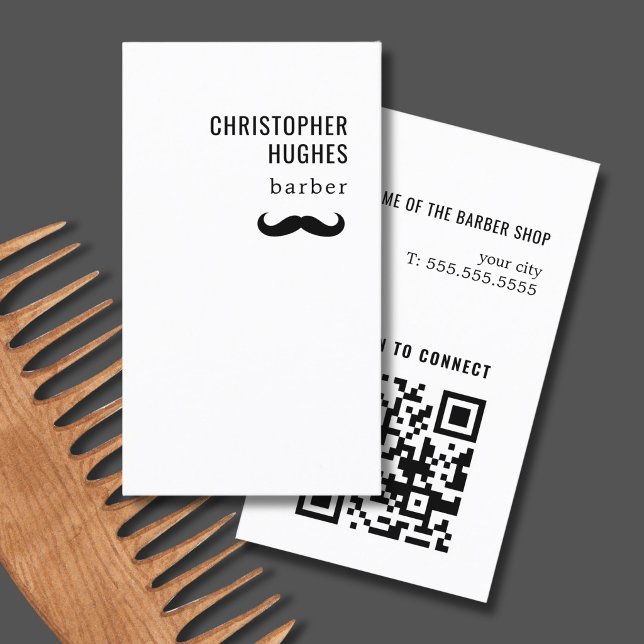 Minimalist Cool Black White Moustache QR Code Business Card (Creator Uploaded)