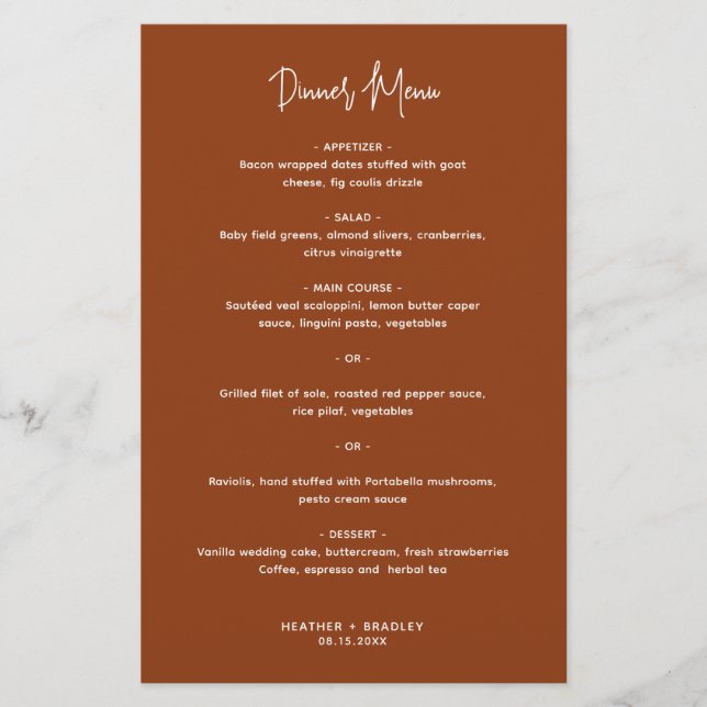 Minimalist Copper Modern Wedding Menu (Front)