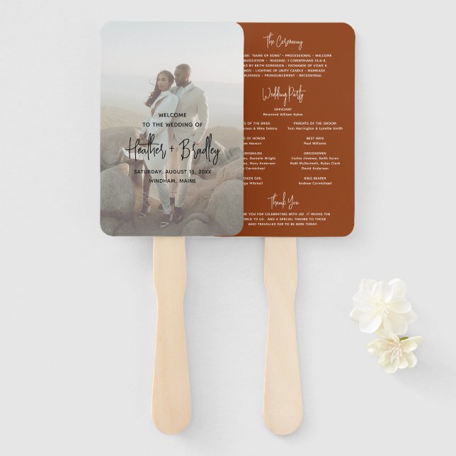Minimalist Copper Photo Modern Wedding Program Hand Fan (Front and Back)