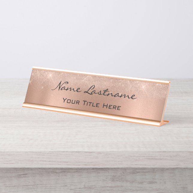 Minimalist Copper Rose Gold Custom Elegant Sparkly Desk Name Plate (Front)