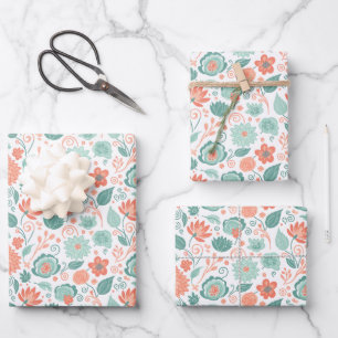 Minimalist Coral and Green Abstract Flowers Wrapping Paper Sheet