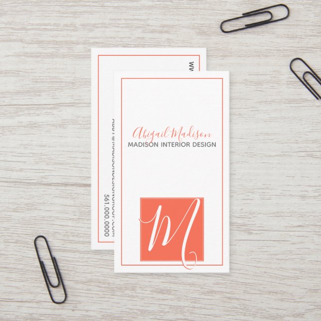 Minimalist Coral Elegant Script Monogram Business Card (Front/Back In Situ)