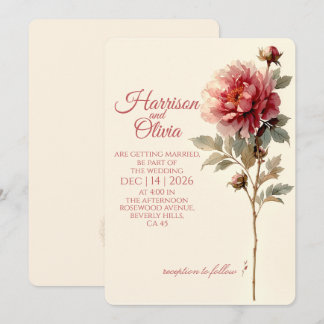 Minimalist Coral Peony Elegant Floral Wedding  Invitation