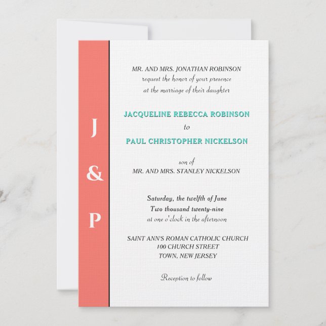 Minimalist Coral Turquoise Monogram  Invitation (Front)