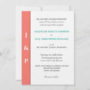 Minimalist Coral Turquoise Monogram  Invitation
