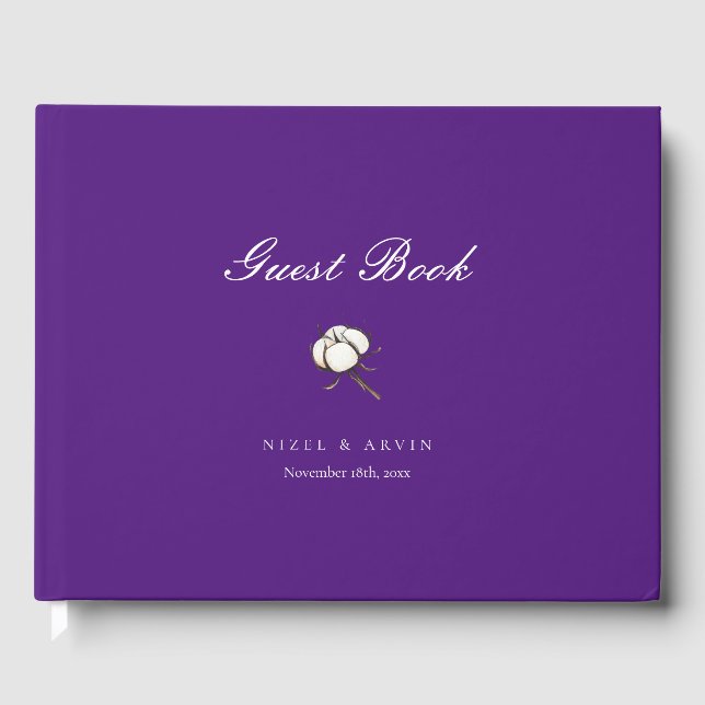 Minimalist Cotton Dark Vibrant Purple Wedding Guest Book (Front)