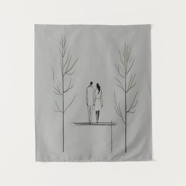 Minimalist Couple Modern Line Art Tapestry (Front)