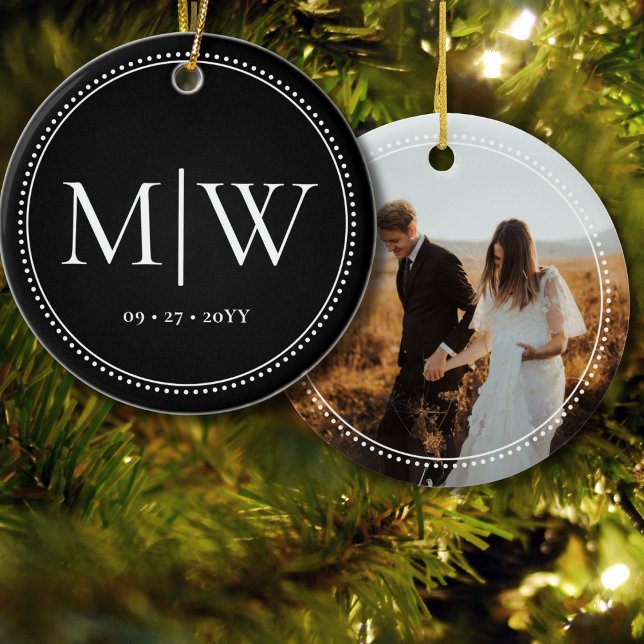 Minimalist Couple Monogram Photo Black Holiday Ceramic Tree Decoration (Creator Uploaded)