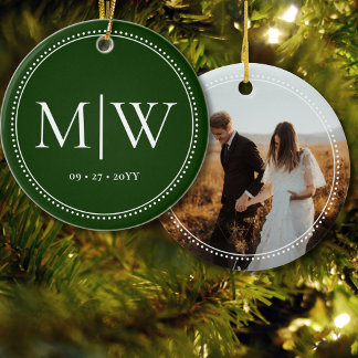 Minimalist Couple Monogram Photo Green Holiday Ceramic Tree Decoration