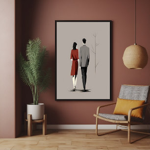 Minimalist Couple Walking Together Modern Line Art Poster