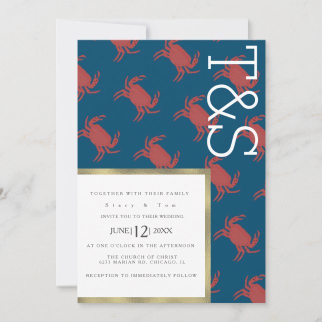 Minimalist Crab Broil Gold Typography Wedding Invitation (Front)