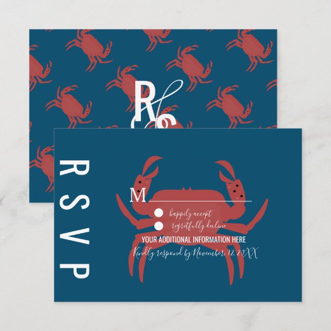 Minimalist Crab Typography Wedding RSVP Invitation (Front/Back)