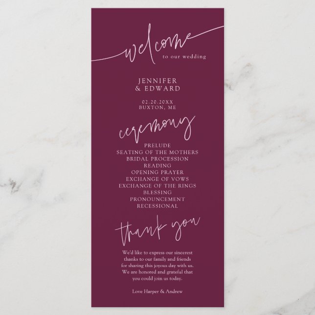 Minimalist Cranberry Wedding Ceremony Program Programme (Front)