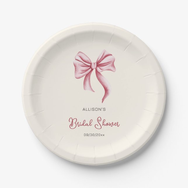 Minimalist Cream Blush Pink Bow Bridal Shower Paper Plate (Front)