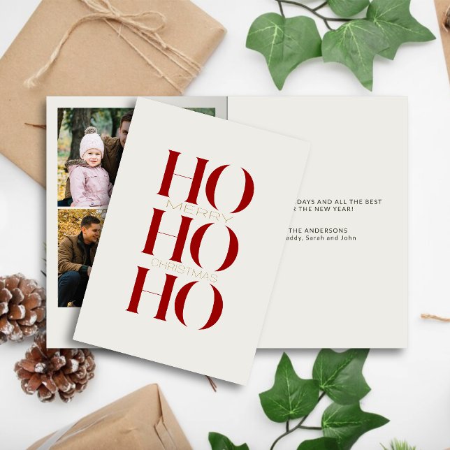 Minimalist Crimson Red "HO HO HO" Photo Christmas  Holiday Card (Creator Uploaded)