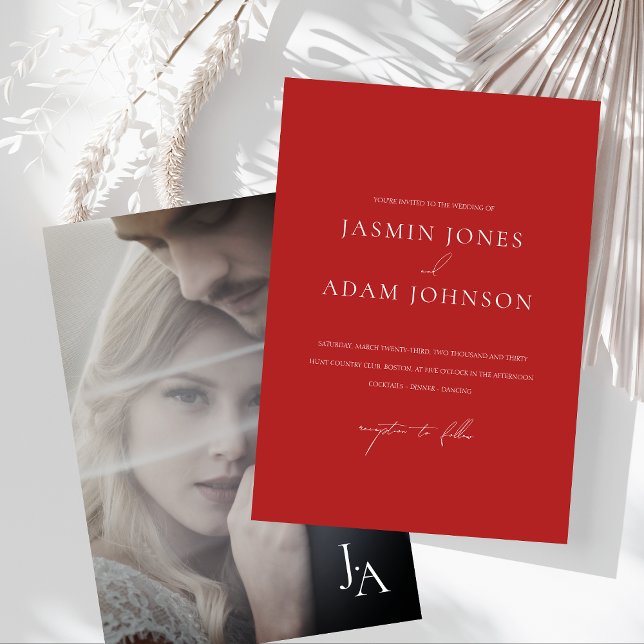 Minimalist Crimson Red Monogram Photo Wedding Invitation (Minimalist Crimson Red Monogram Photo Wedding Invitation)