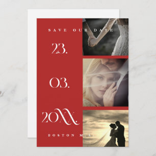 Minimalist Crimson Red Script 3 Photo Wedding Save The Date