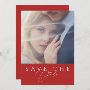 Minimalist Crimson Red Script Photo Wedding Save The Date
