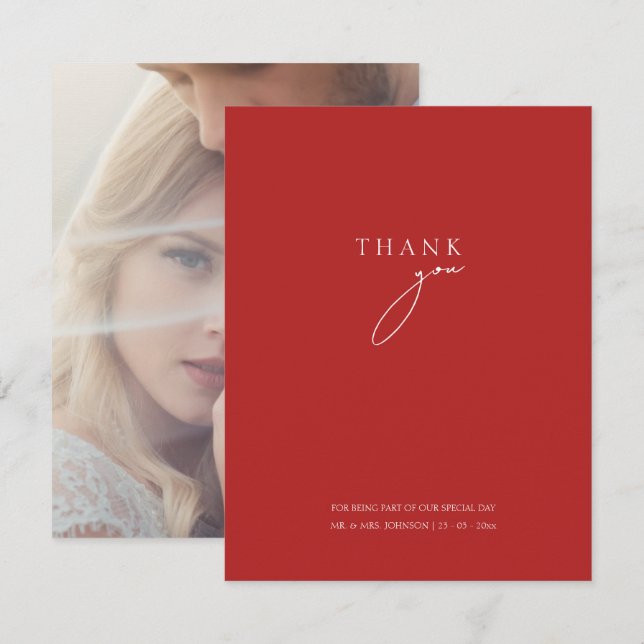Minimalist Crimson Red Script Photo Wedding Thank You Card (Front/Back)