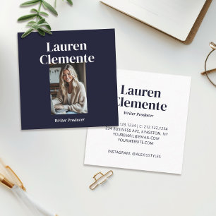 Minimalist Crisp Simple Photo Elegant Dark Navy Square Business Card