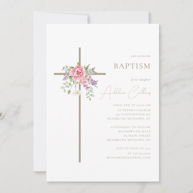 Minimalist Cross Elegant Gold Script Baptism Invitation (Front)