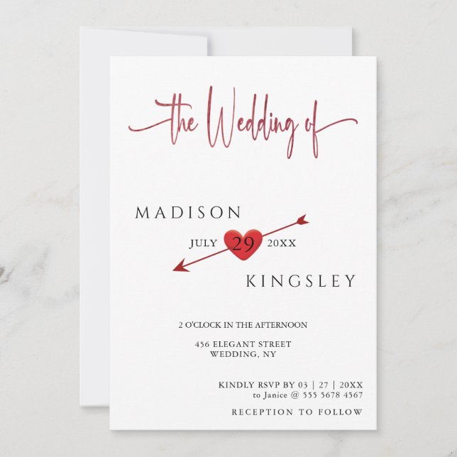 Minimalist Cupid Arrow Heart Floral Budget Wedding Invitation (Front)