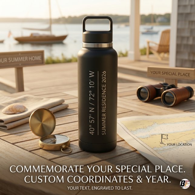 Minimalist Custom Coordinates Matte Black Water Bottle (#sports&activities)