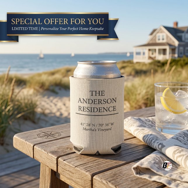 Minimalist Custom Coordinates Vacation Home Family Can Cooler (#BBQ)